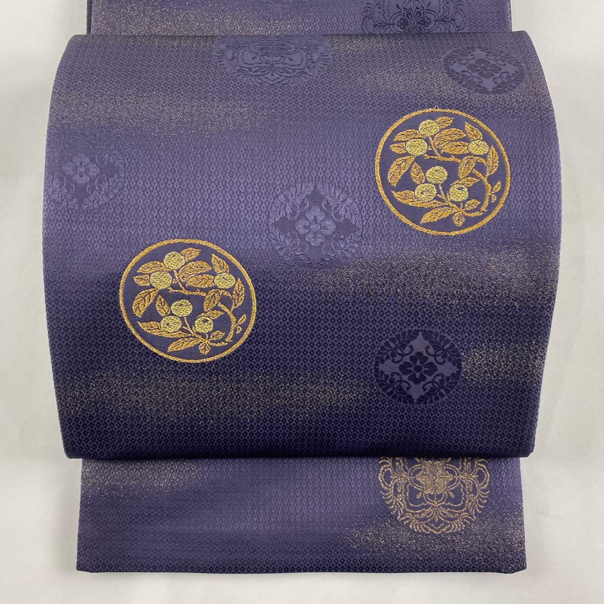 袋帯 秀品 果実 霞 金糸 箔 青紫 お太鼓柄 正絹 【中古】拍卖