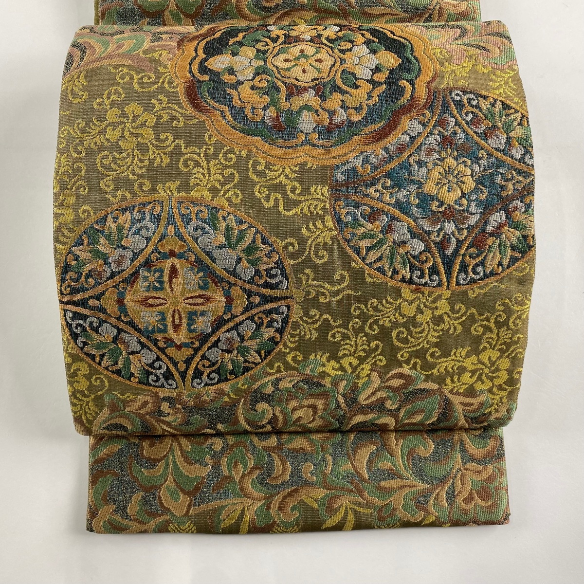 【美品】 袋帯 秀品 華文 花唐草 金糸 ラメ糸 茶緑色 六通 正絹 【中古】拍卖