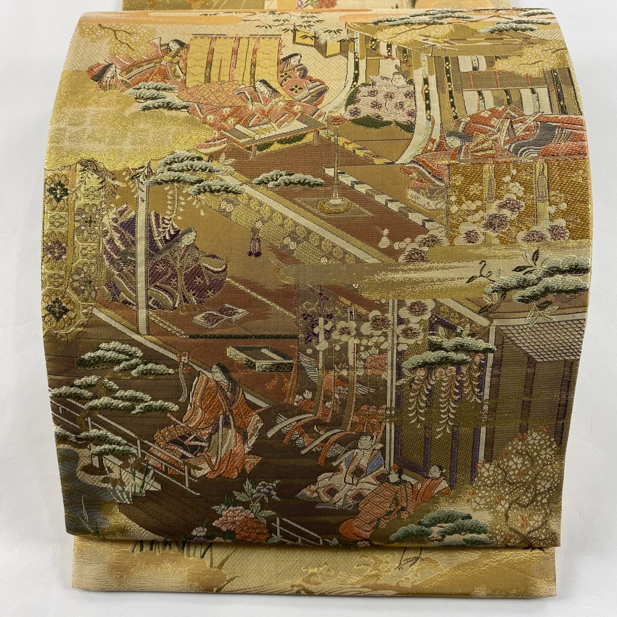 【美品】 袋帯 秀品 春日局 御所風景 金糸 箔 ベージュ 全通 正絹 【中古】拍卖