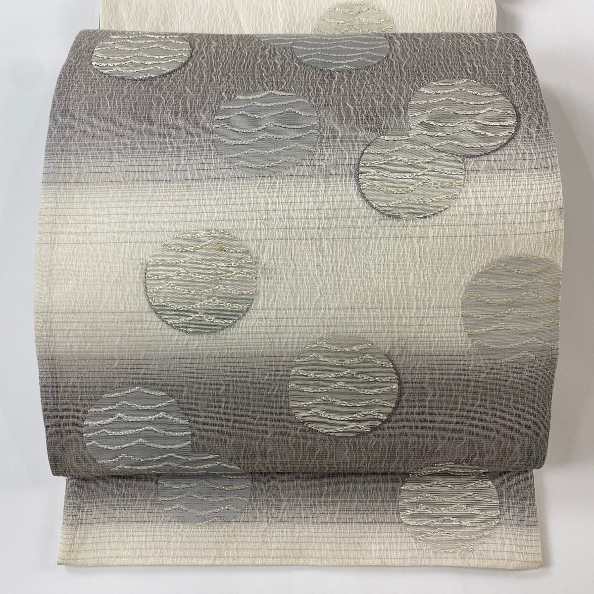袋帯 秀品 夏帯 丸 縞 箔 銀糸 灰白 お太鼓柄 正絹 【中古】拍卖