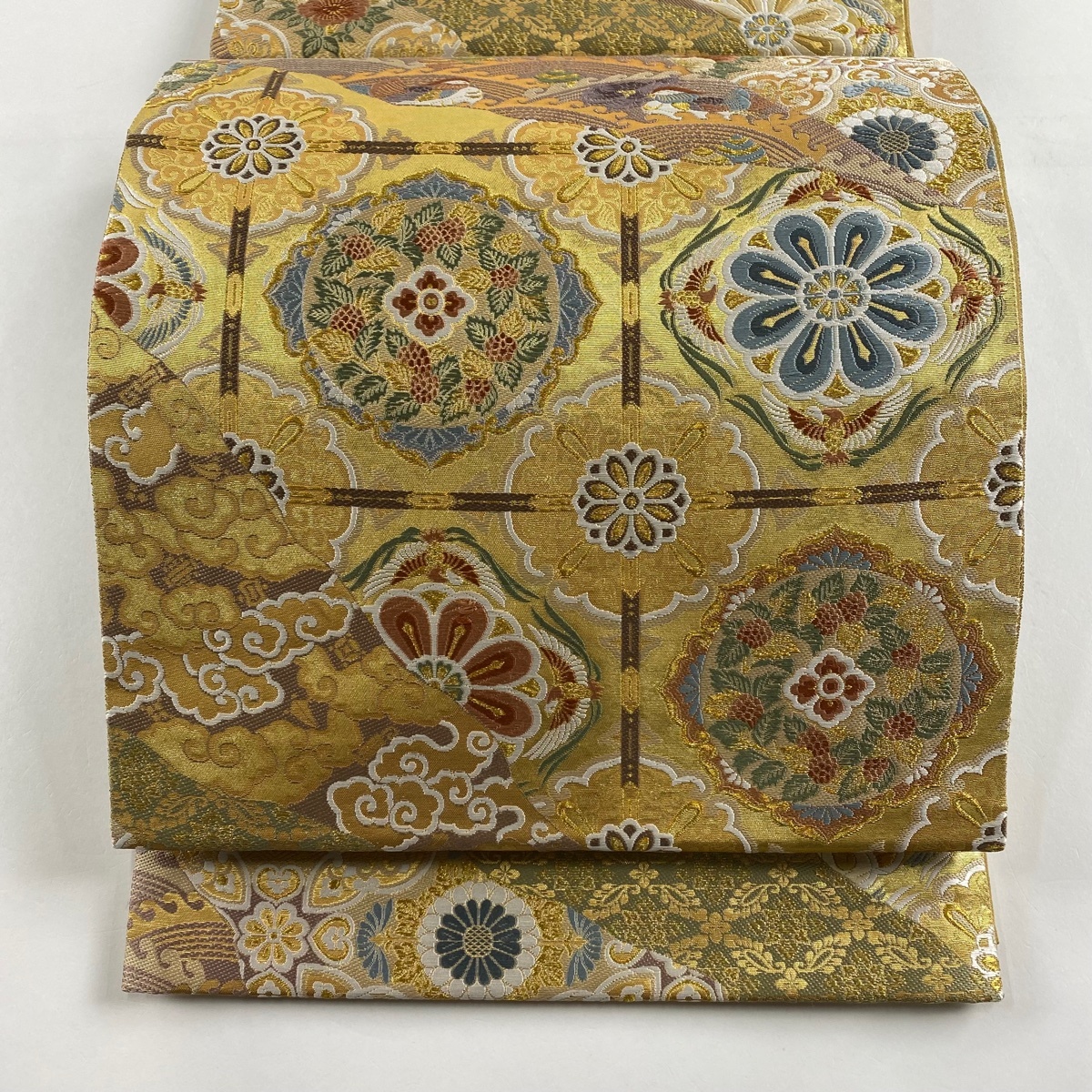 【美品】 袋帯 秀品 華文 向かい鳥 箔 金糸 薄茶色 六通 正絹 【中古】拍卖