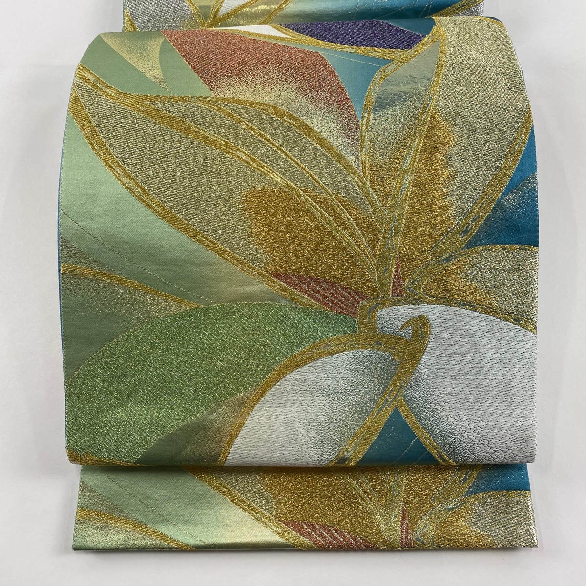 袋帯 秀品 花 金銀糸 刺繍 抹茶色 六通 正絹 【中古】拍卖