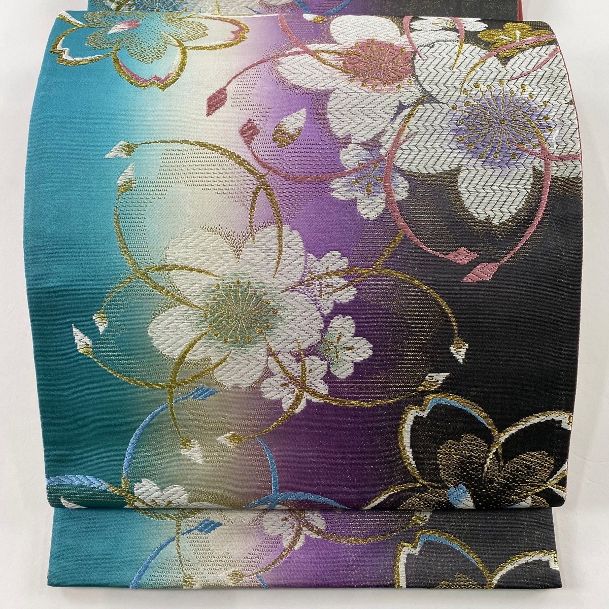 袋帯 秀品 桜 桜の花びら 唐織 金糸 青緑 六通 正絹 【中古】拍卖