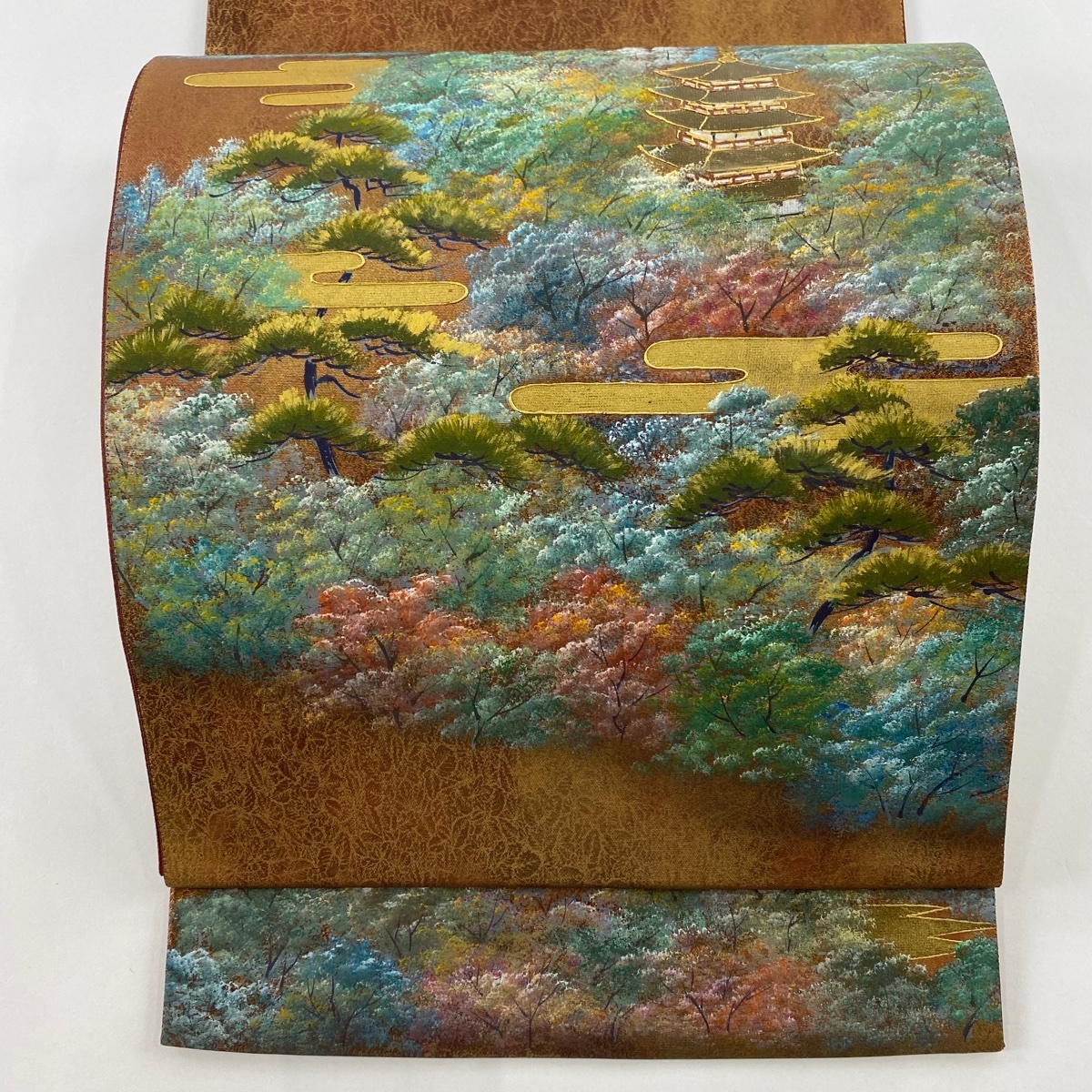 袋帯 秀品 建物 樹木 蛸彩螺鈿 金彩 茶色 お太鼓柄 正絹 【中古】拍卖