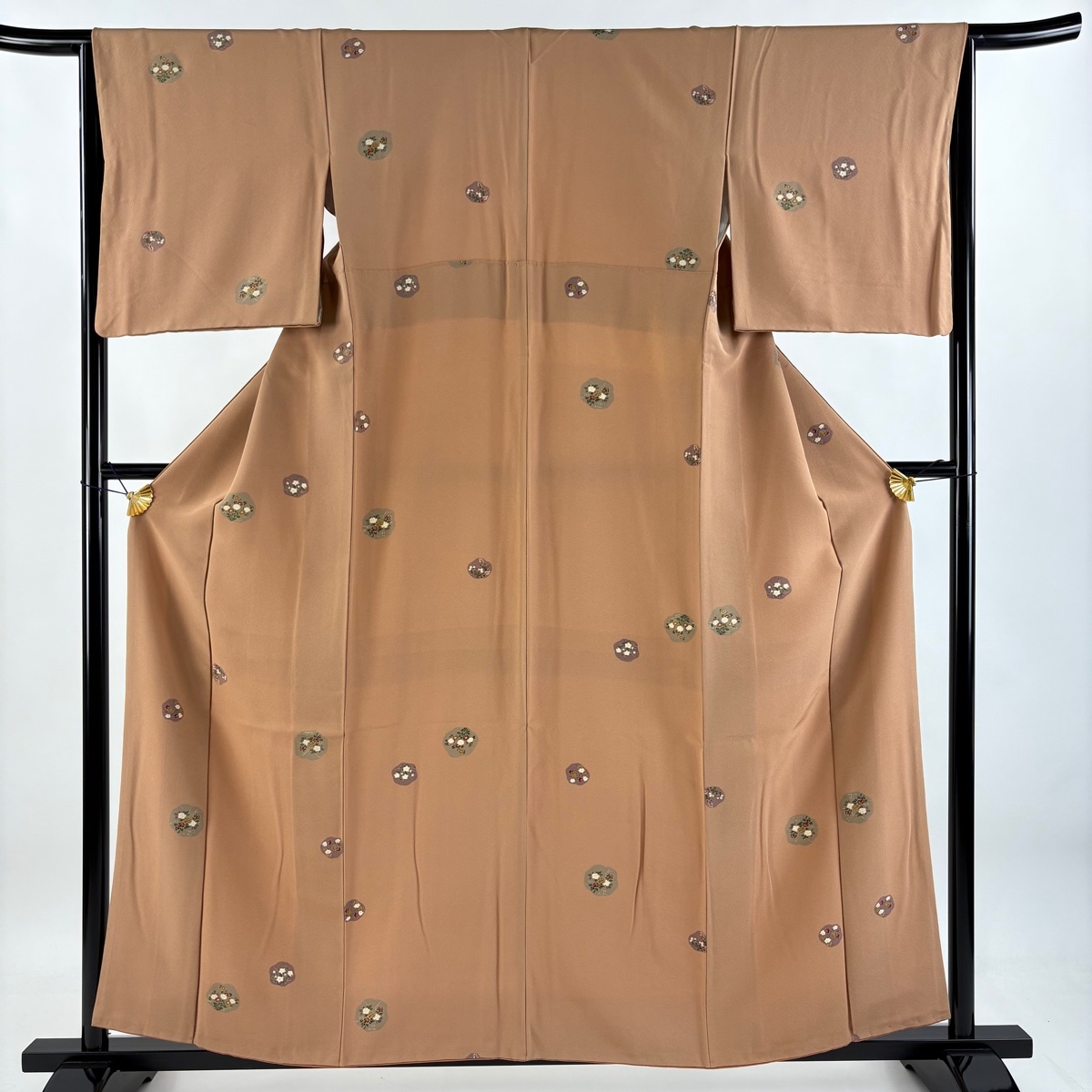 小紋 身丈159cm 裄丈64cm M 袷 草花 金彩 薄茶色 正絹 優品 【中古】拍卖