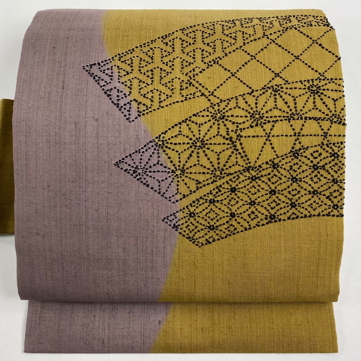 名古屋帯 美品 秀品 麻の葉 七宝 刺し子刺繍 黄土色 正絹 【中古】拍卖