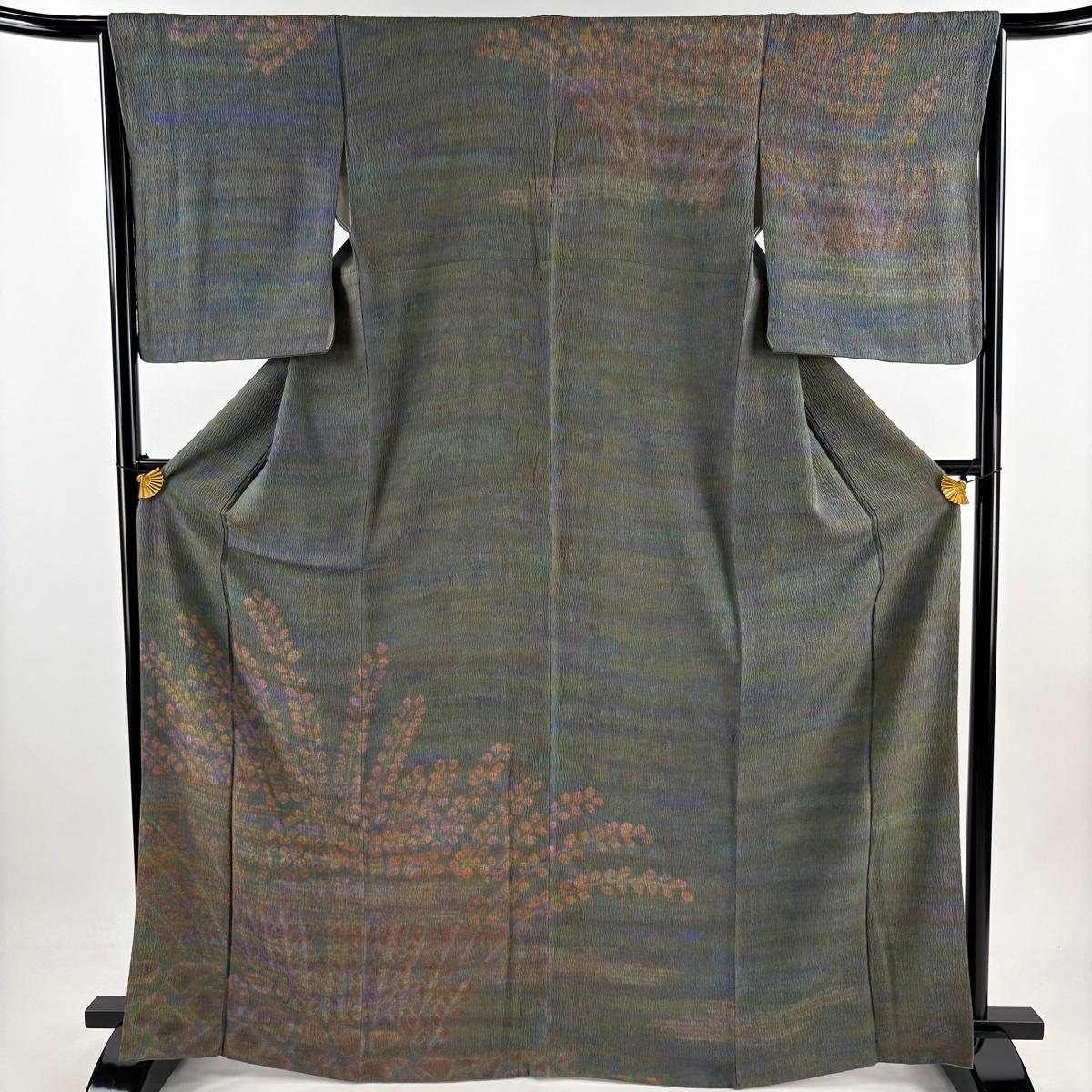 【美品】 訪問着 身丈166.5cm 裄丈66cm M 袷 草花 絞り 灰緑 正絹 秀品 【中古】拍卖