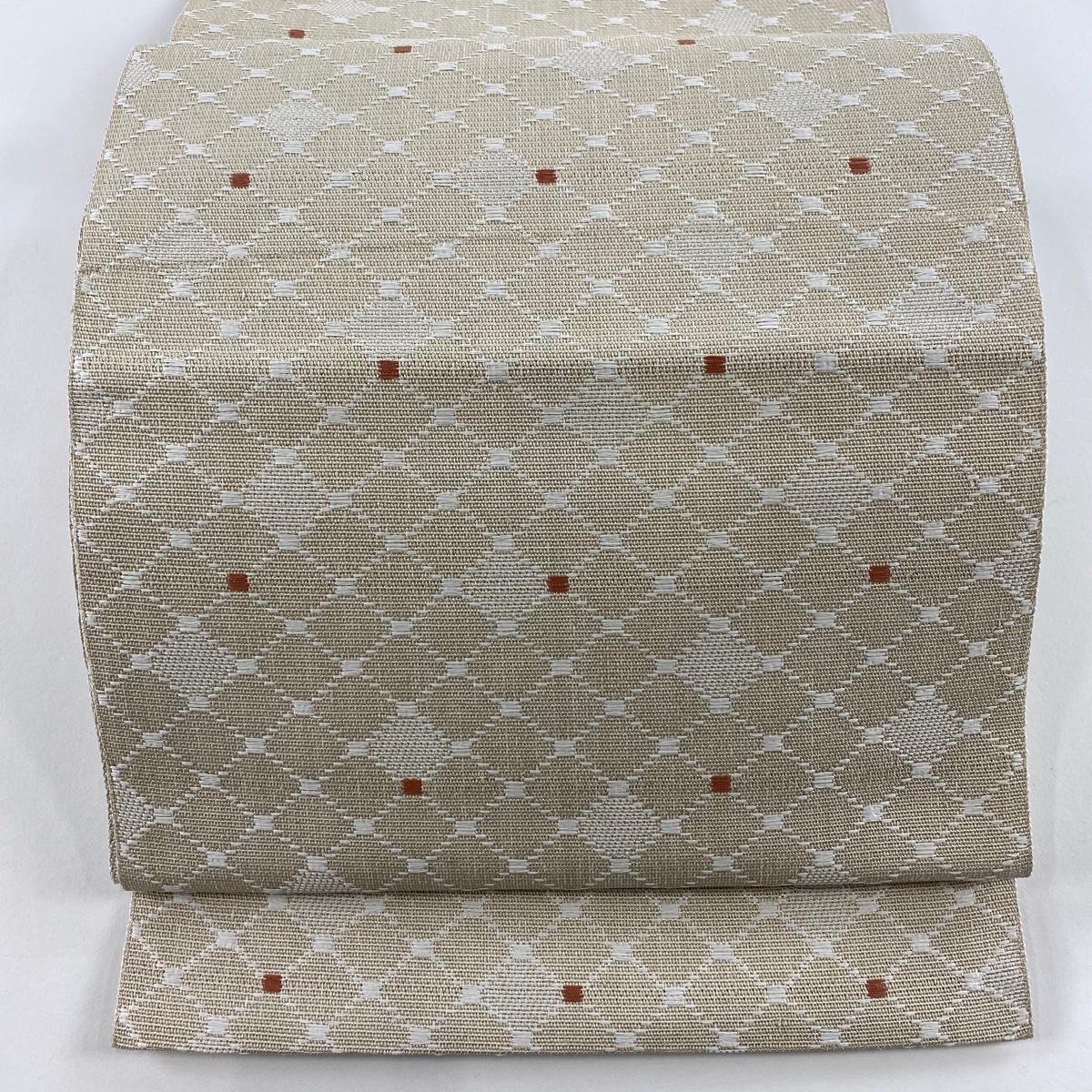 名古屋帯 美品 名品 八寸名古屋帯 松葉仕立て 斜め格子 幾何学 ベージュ 正絹 【中古】拍卖