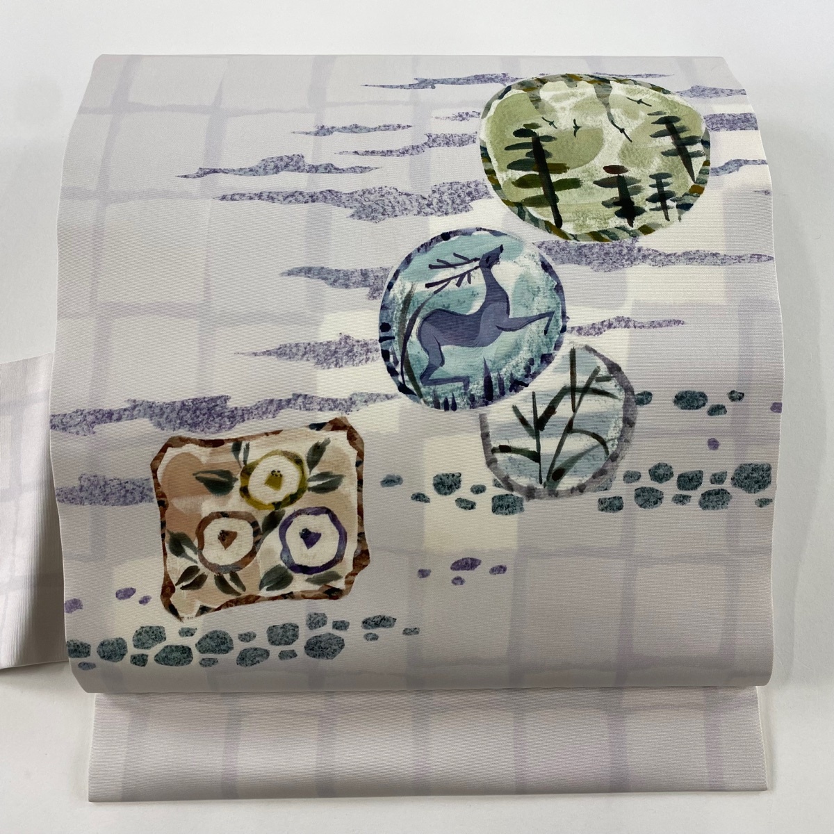 名古屋帯 名品 落款 北大路魯山人 鹿 椿 灰紫 正絹 【中古】拍卖