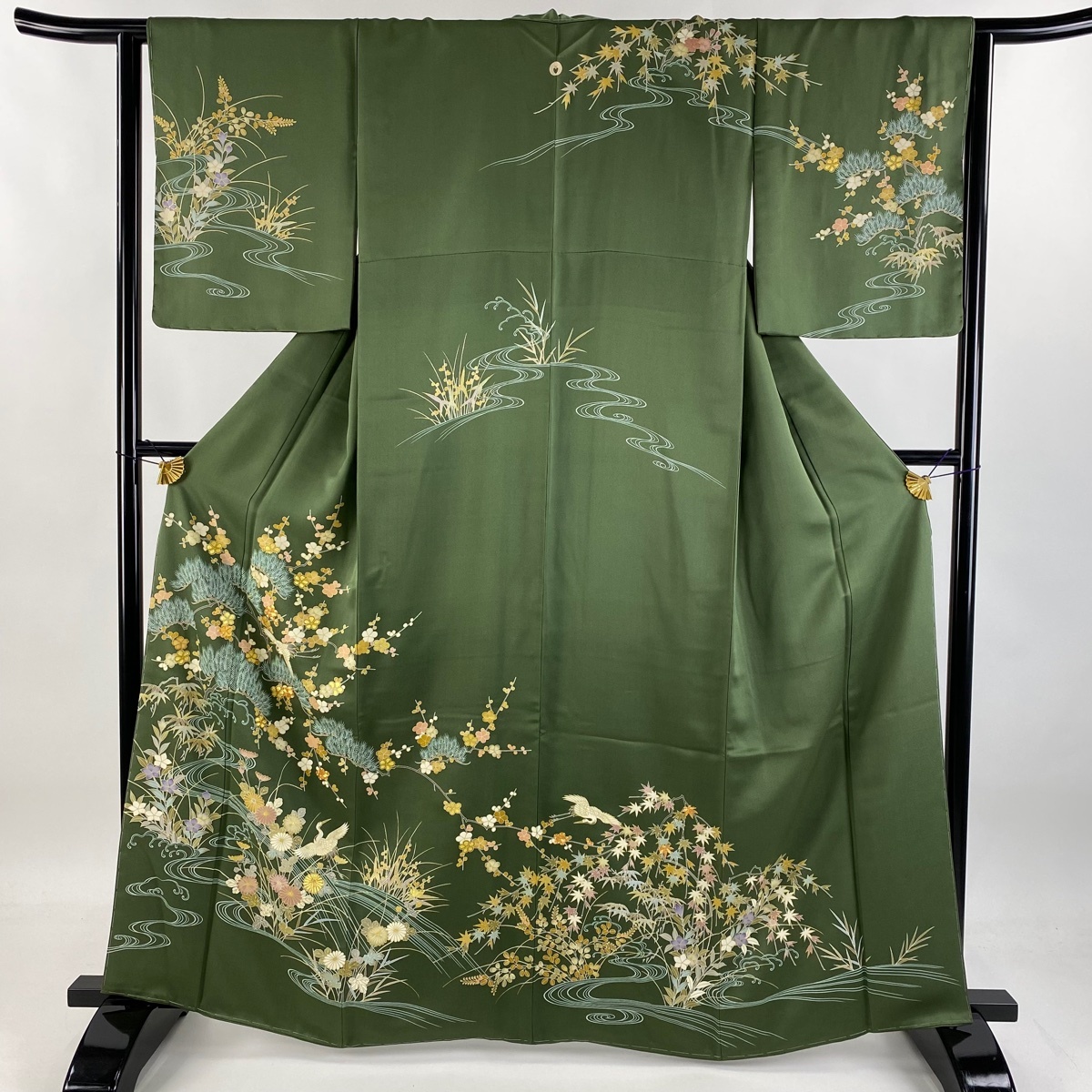 訪問着 身丈164.5cm 裄丈64cm M 袷 千總 落款 松竹梅 鶴 刺繍 金彩 灰緑 正絹 逸品 一つ紋 【中古】拍卖