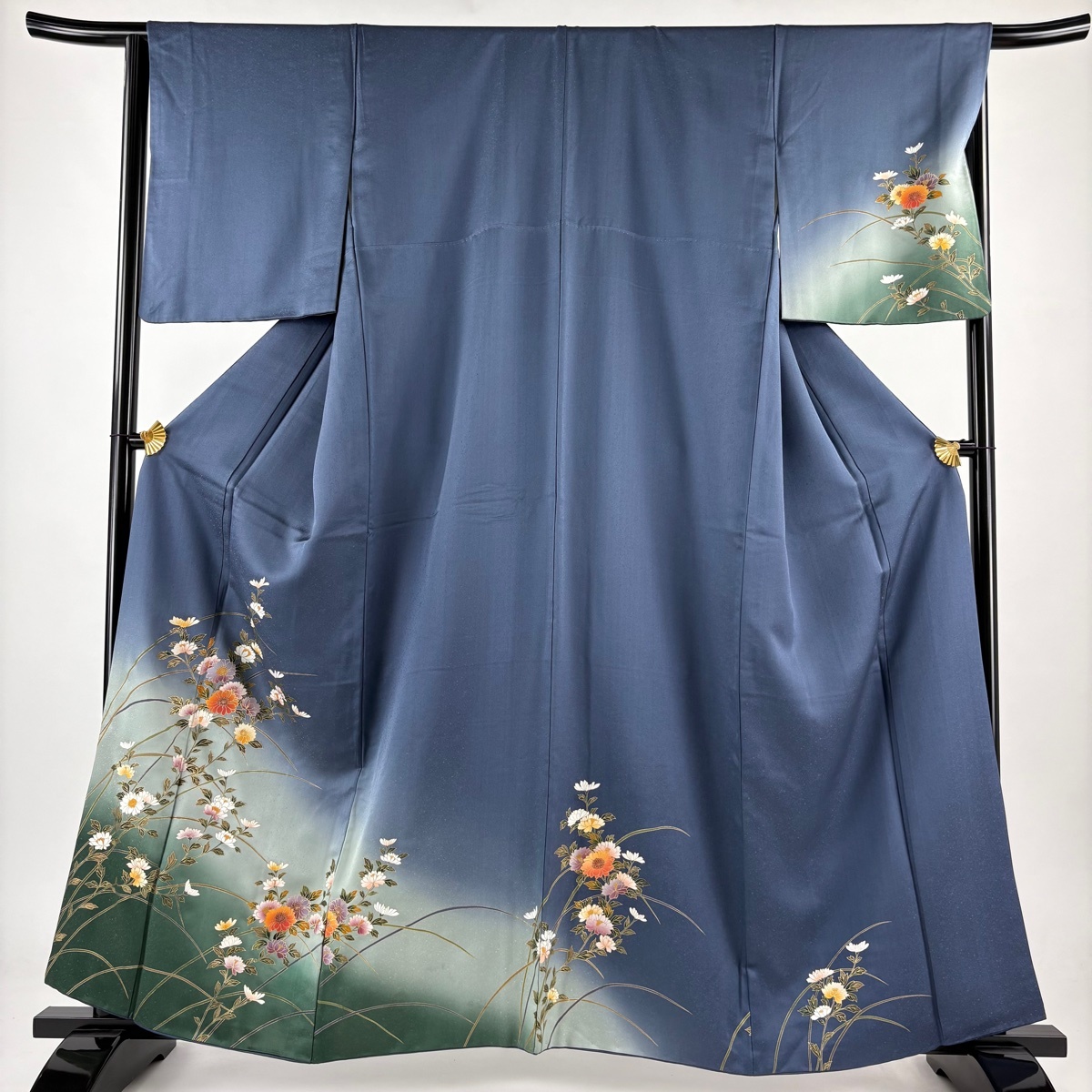 訪問着 身丈160cm 裄丈65cm M 袷 菊 金彩 ぼかし 紺色 正絹 秀品 【中古】拍卖