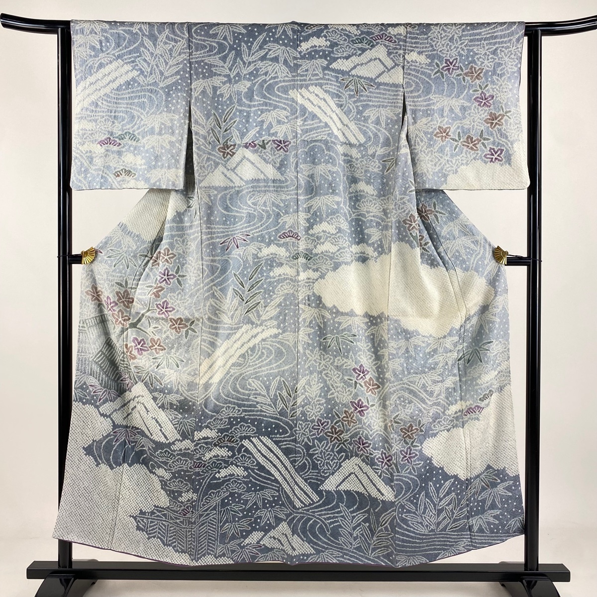訪問着 身丈154cm 裄丈62cm S 袷 草花 屏風 絞り ぼかし 青灰色 正絹 秀品 【中古】拍卖