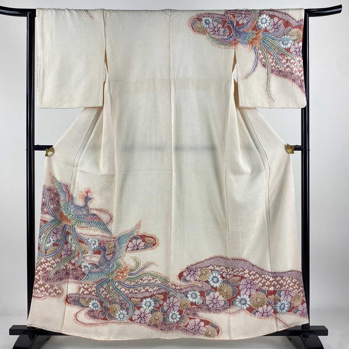 訪問着 身丈160cm 裄丈64cm M 袷 鳳凰 草花 総絞り 薄オレンジ 正絹 美品 逸品 【中古】拍卖