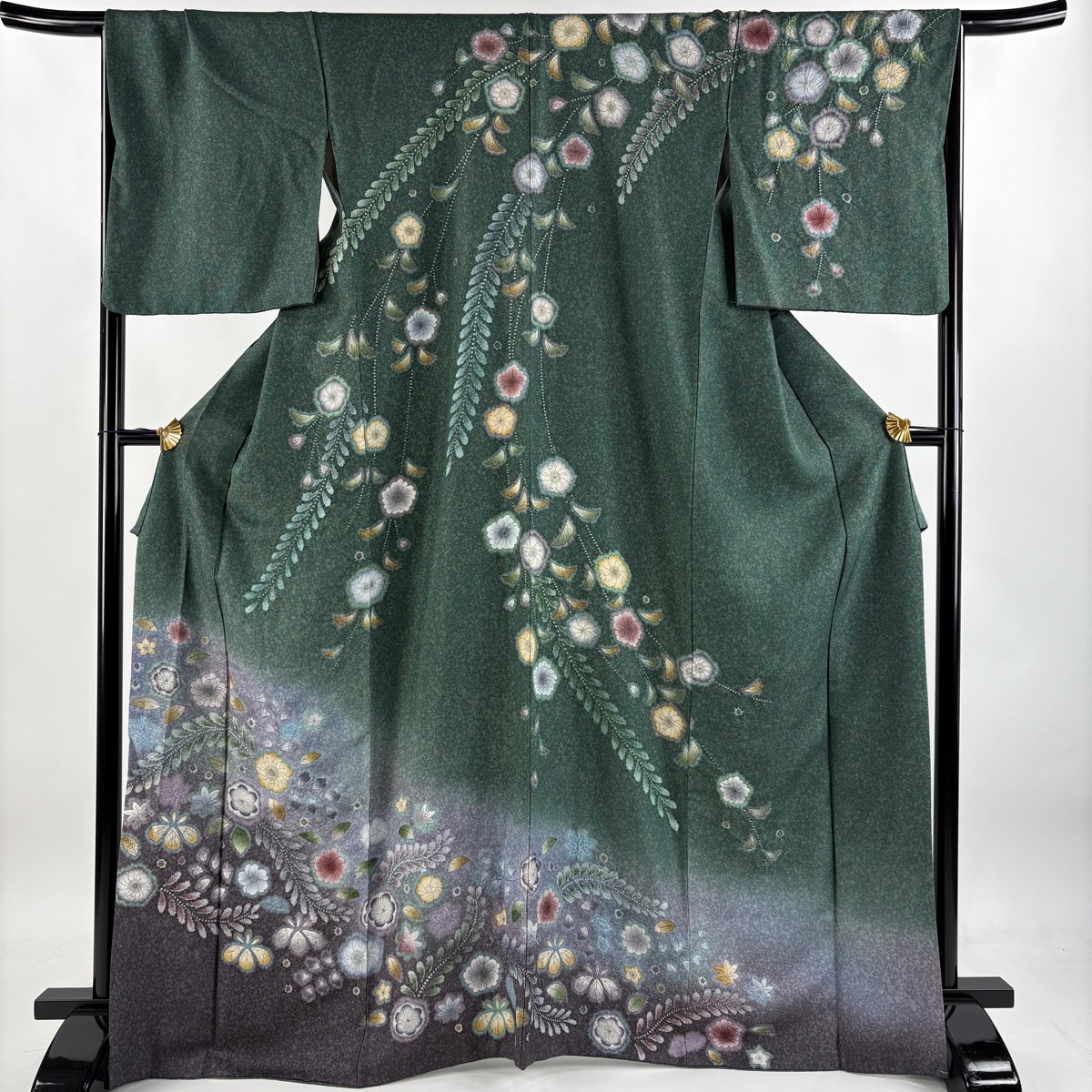 訪問着 身丈168cm 裄丈68.5cm L 袷 辻が花柄 銀通し 金彩 深緑 正絹 逸品 【中古】拍卖