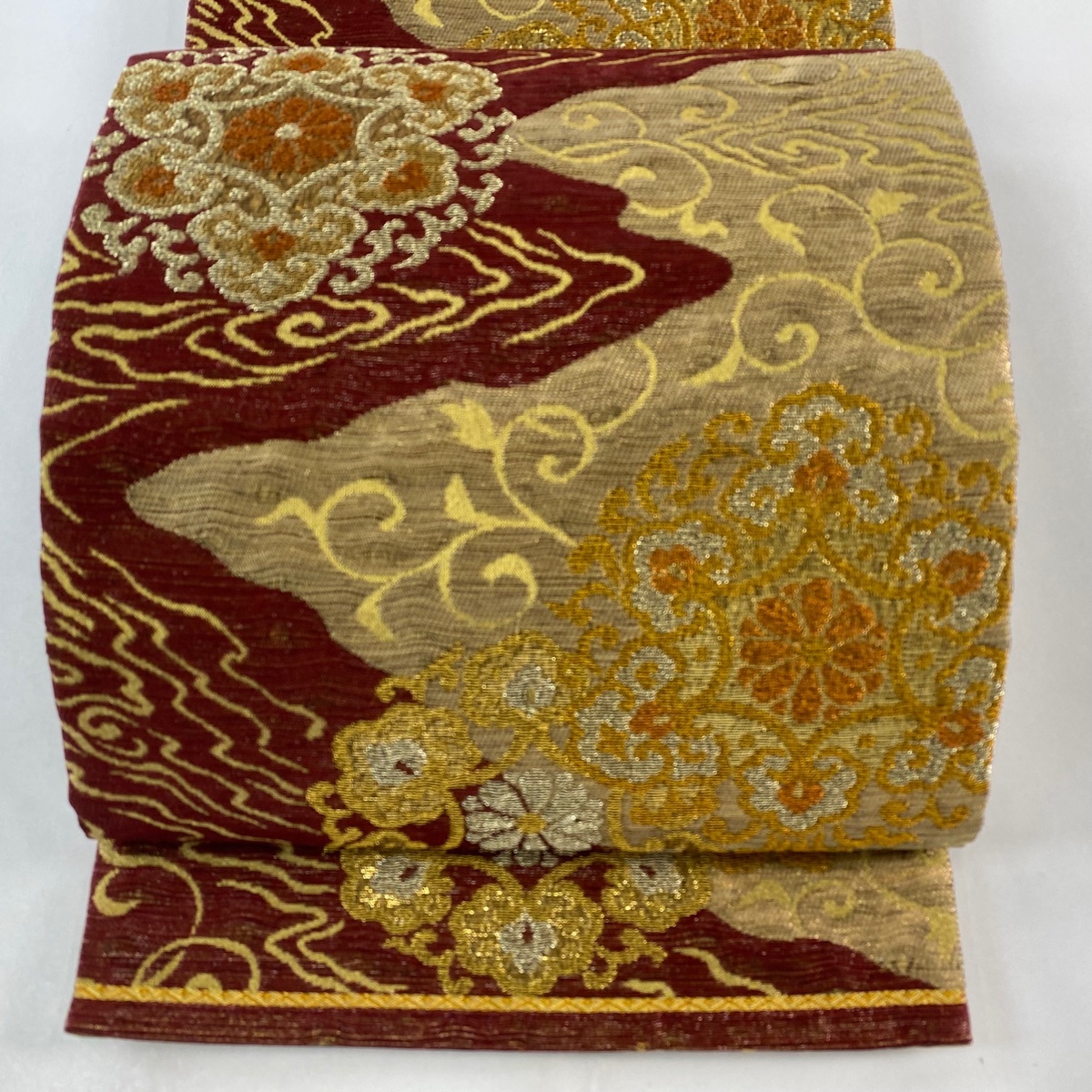 袋帯 逸品 誉田屋源兵衛 落款 桜蘭織 華文 花唐草 金糸 箔 山吹茶色 六通 正絹 【中古】拍卖