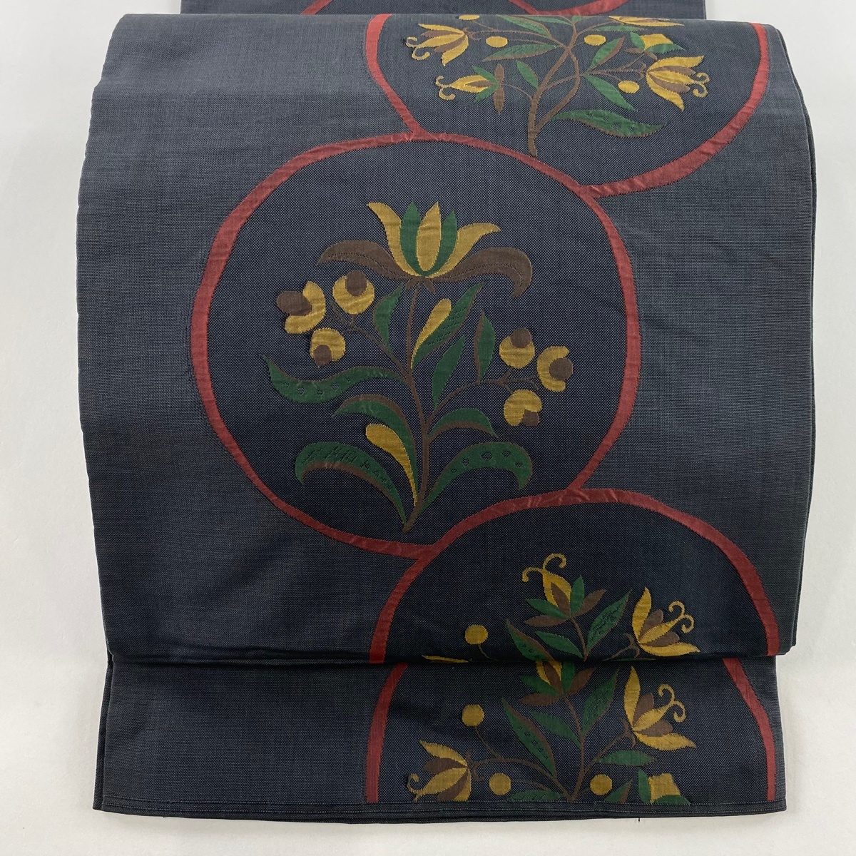 袋帯 秀品 木屋太 落款 関西仕立て 丸文 草花 墨色 六通 正絹 【中古】拍卖