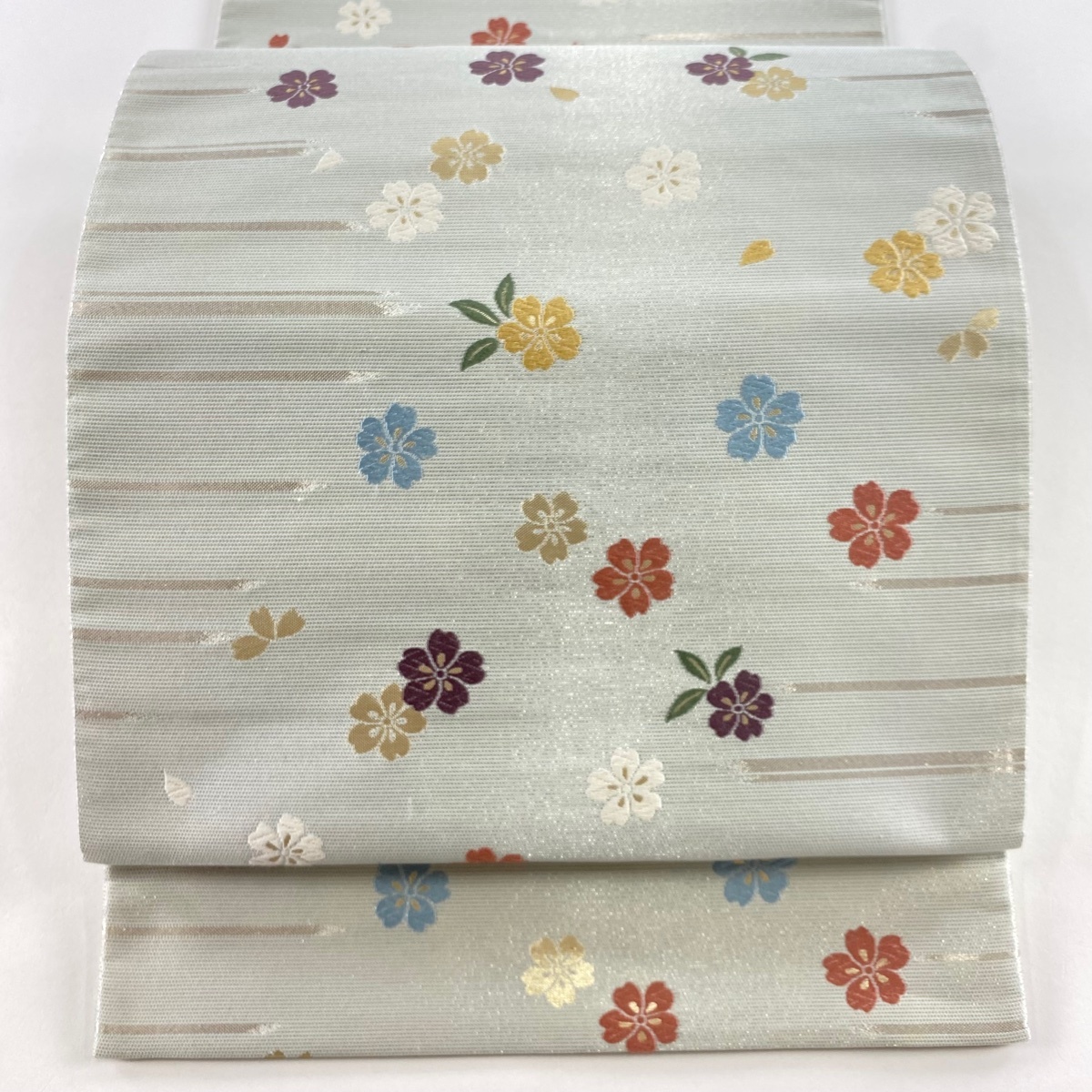 袋帯 美品 秀品 桜 霞 箔 銀糸 灰色 六通 正絹 【中古】拍卖