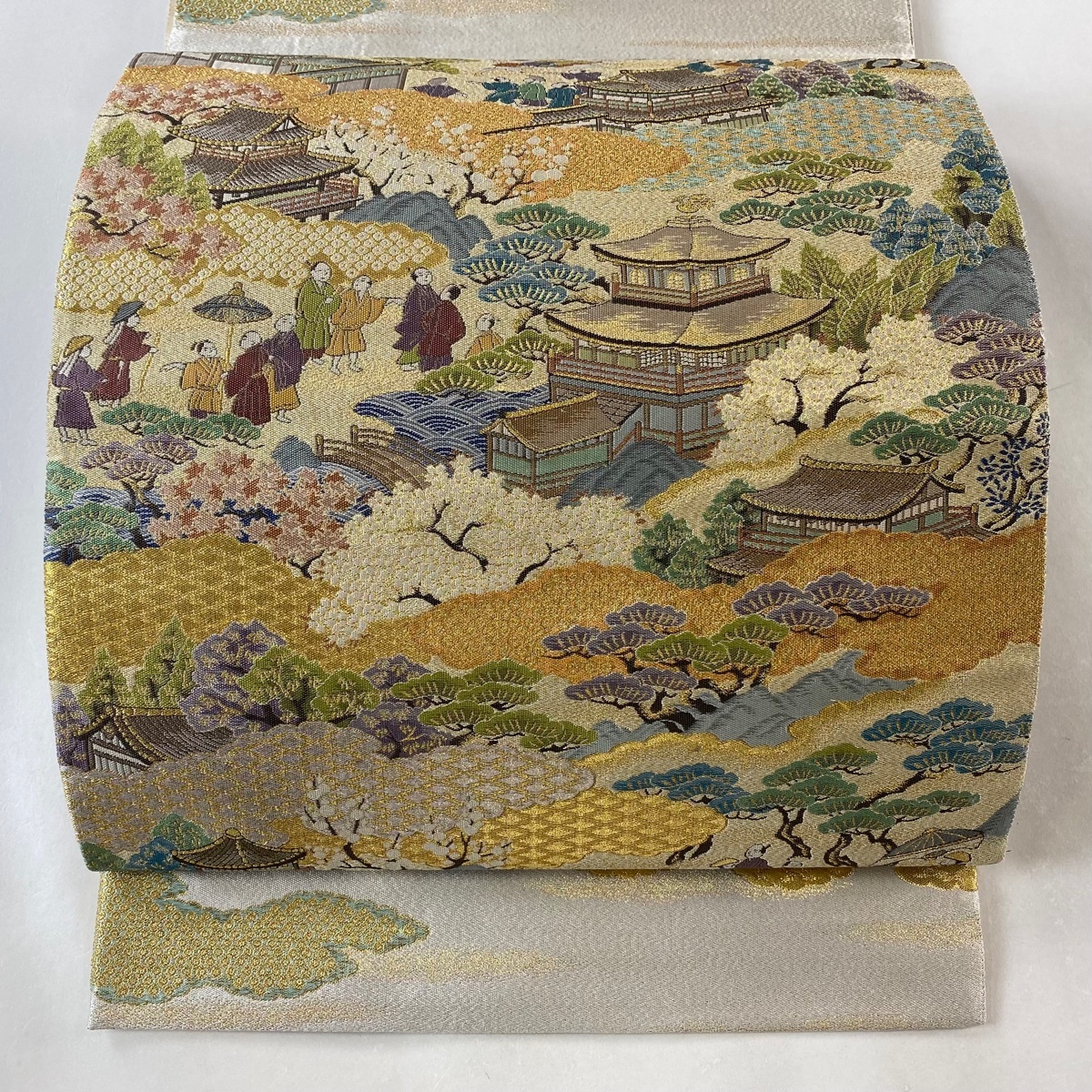 袋帯 美品 秀品 洛北絵図 金糸 箔 ベージュ お太鼓柄 正絹 【中古】拍卖