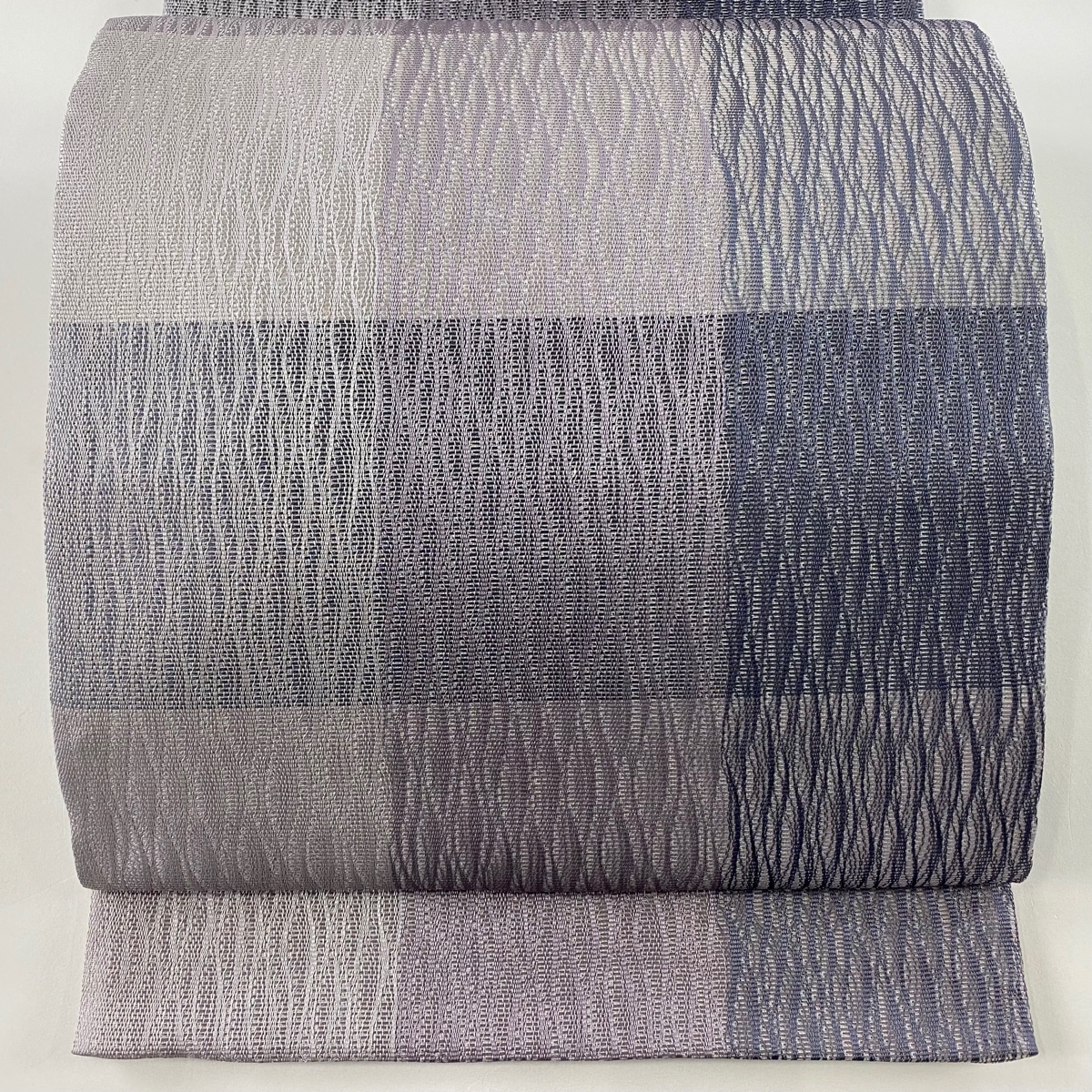 袋帯 美品 名品 市松 銀通し 灰紫 全通 正絹 【中古】拍卖