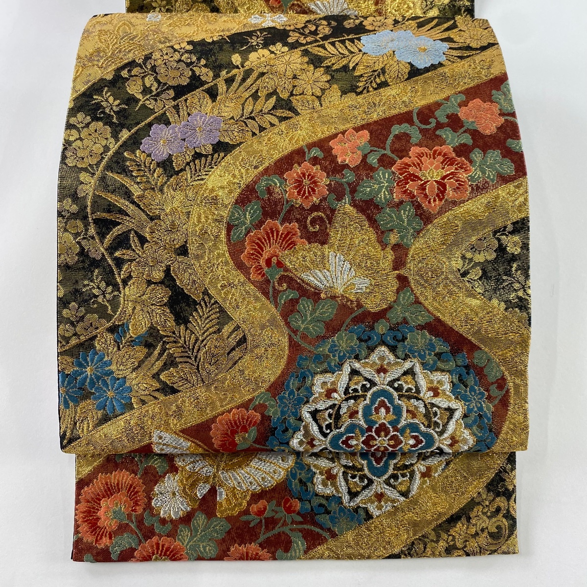 【美品】 袋帯 秀品 華文 蝶 金銀糸 箔 金色 六通 正絹 【中古】拍卖