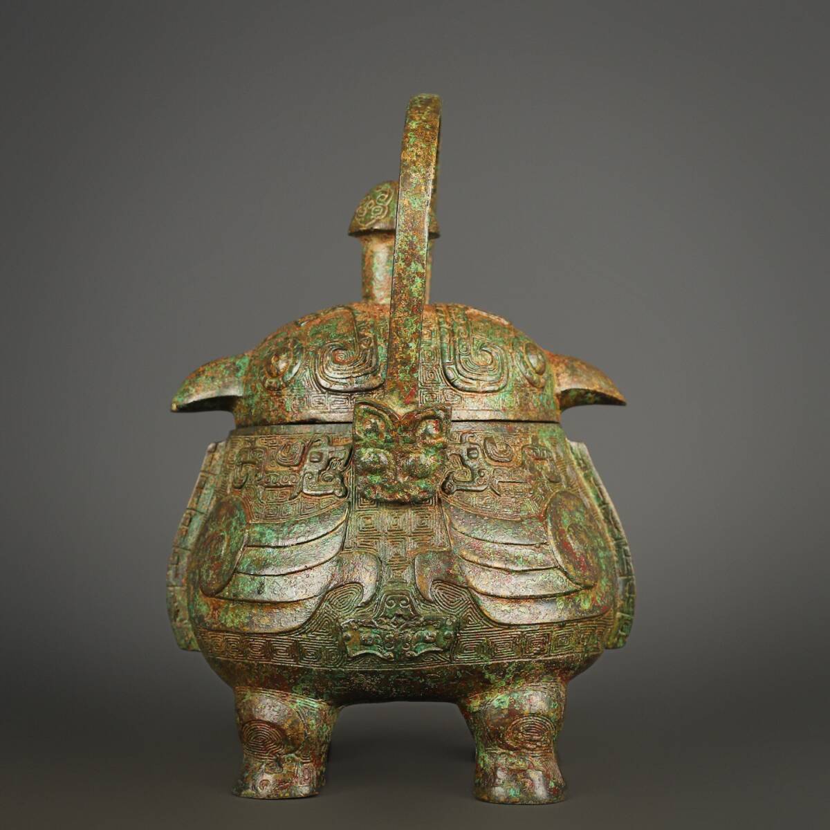 『西周・青銅製・青銅器・雙鳥提梁・酒器・食器・祭祀品・副葬品』極細工 置物 古賞物 中国古玩 中国古美術拍卖