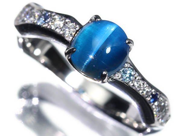 6KR16676【売り切り】新品仕上【RK宝石】極上アパタイトキャッツアイ 大粒1.116ct ブルーダイヤ クリアダイヤ サファイア Pt900 高級リング拍卖
