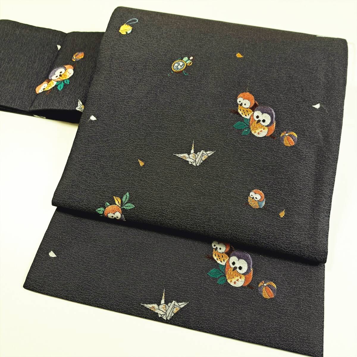 即決■着物の越田■幅31長さ323.5 正絹 名古屋帯 名古屋仕立て ふくろう かわいい 六通 金糸あり 吾◇み28J09拍卖