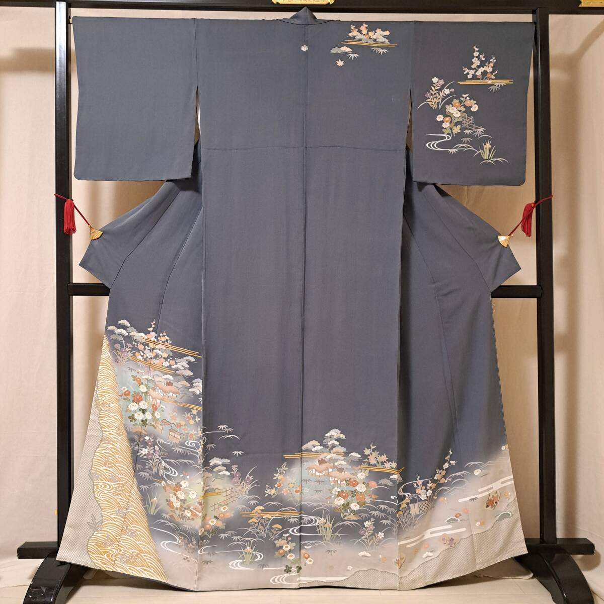 即決■着物の越田■裄69 身丈166 正絹 訪問着 一つ紋 秋草 風景柄 金彩 フォーマル 吾◇む29R05拍卖