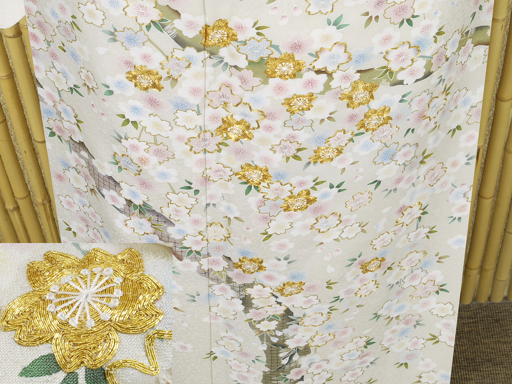 【京かんざし】t-904★訪問着 本加工友禅 桜文 金駒刺繍 汕頭刺繍身丈170 cm裄丈68 cm★即決送料無料!拍卖