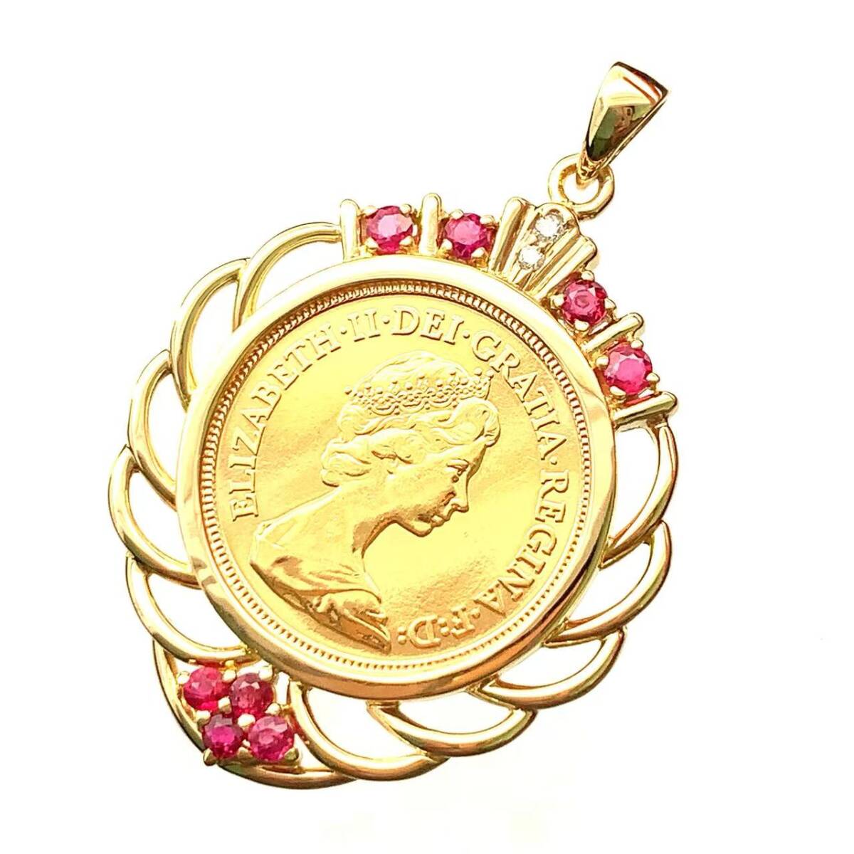 23430 ソブリン金貨 聖ジョージ竜退治 コイントップ エリザベス2世 イギリス 1982年 K18/22 8.9g ダイヤモンド コレクション拍卖