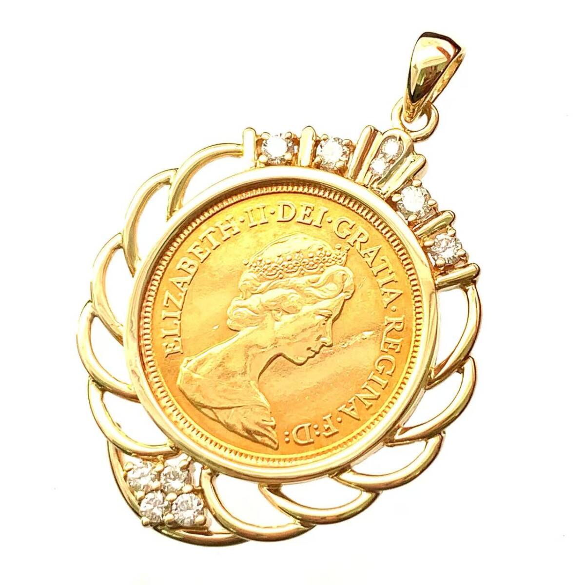 23450 ソブリン金貨 聖ジョージ竜退治 コイントップ エリザベス2世 イギリス 1982年 K18/22 8.3g ダイヤモンド ペンダントトップ拍卖