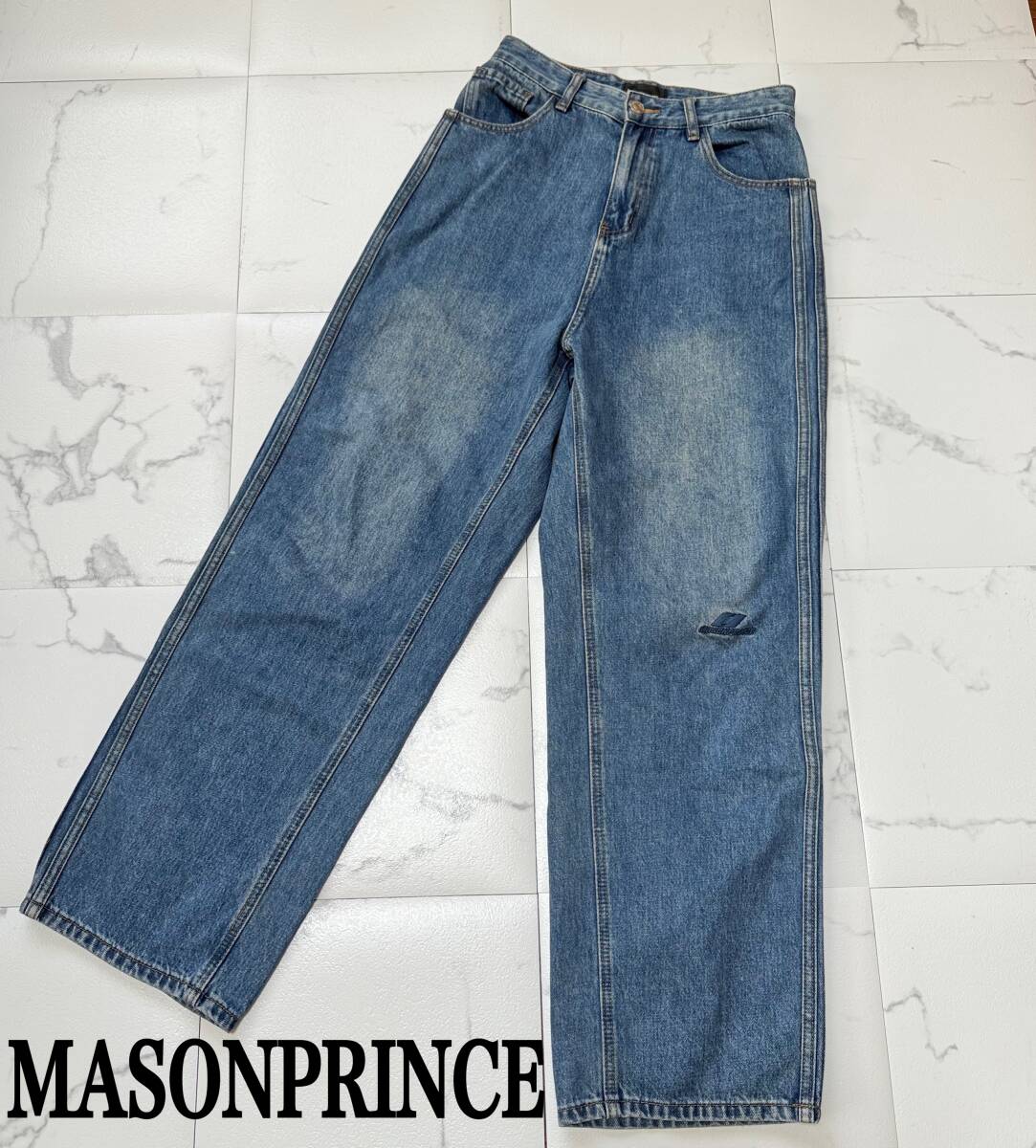 ★ MASONPRINCE メイソンプリンス サイドライン ワンポイントロゴ セミワイド デニム パンツ サイズ1 S ブルー ワイド ルーズ バギー ★拍卖