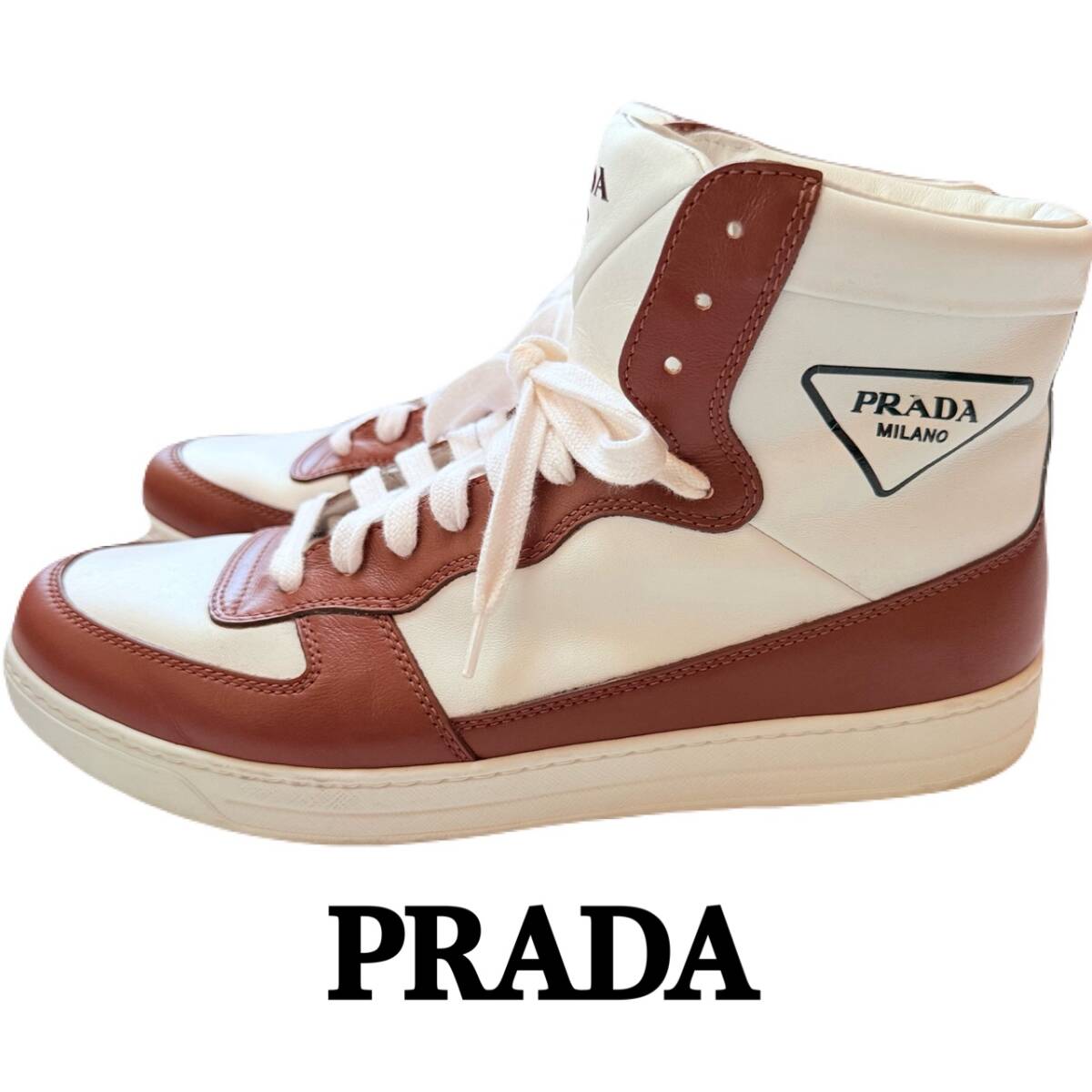 PRADA プラダ 2TG179 トライアングルロゴ 三角ロゴ ハイカット レザー スニーカー ホワイト×ブラウン系 サイズ 8 日本サイズ約27cm相当拍卖