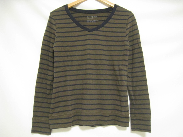 BAYFLOW ベイフロー トップス カットソー 長袖 クロスオーバーVネック カーキ×ネイビー 紺 ボーダー サイズ3拍卖
