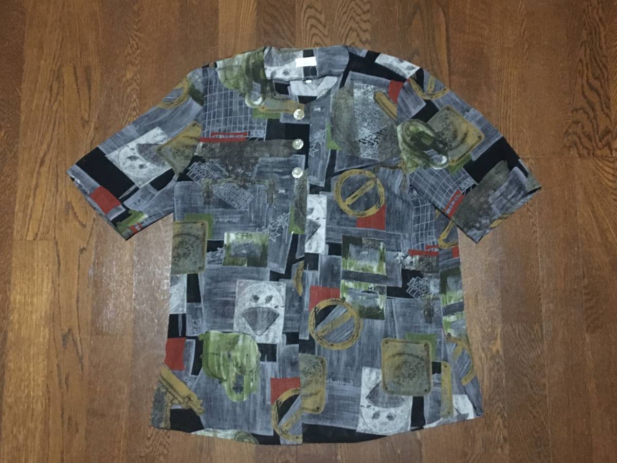 ビンテージ 日本製 COLEUS アート柄 総柄 ノーカラー ブラウス シャツ M 襟無し アンティーク機械 望遠鏡拍卖