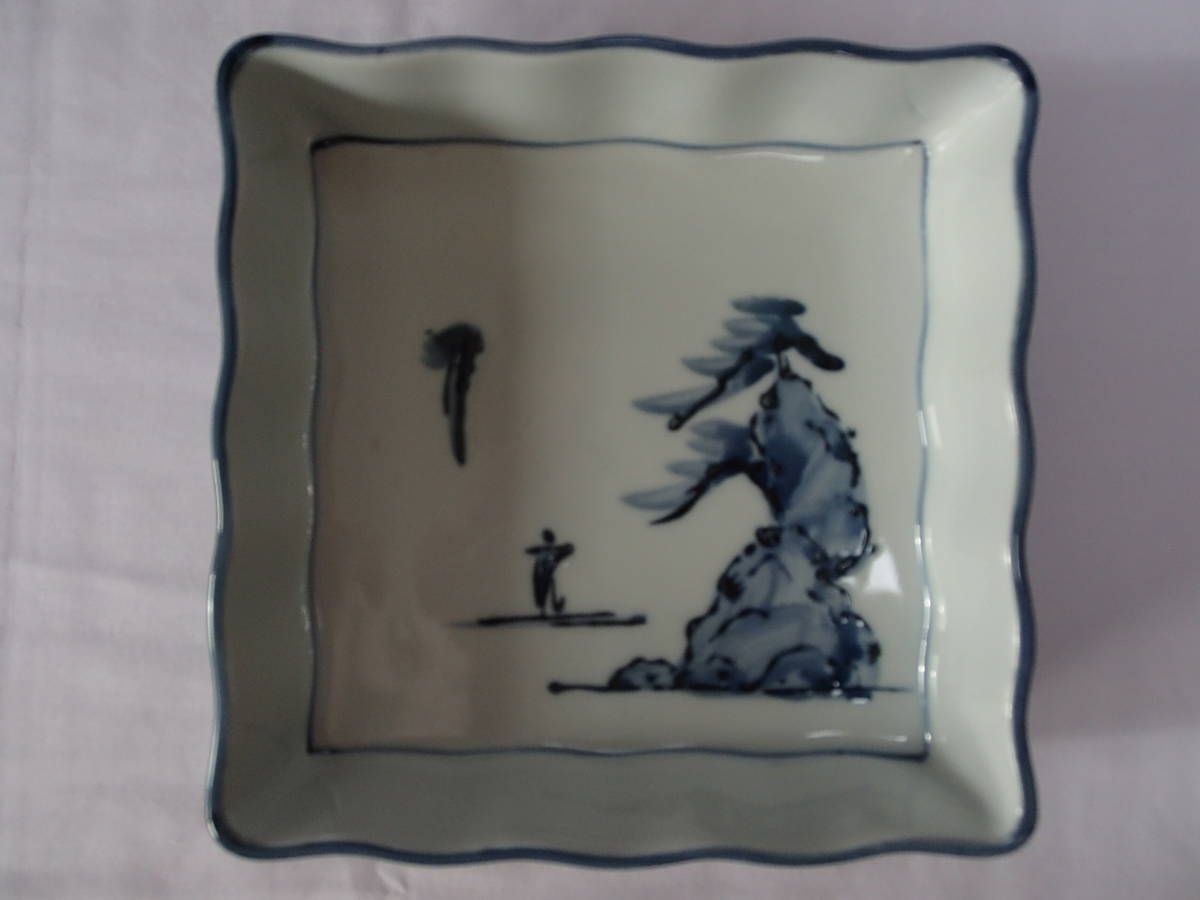 【浅中角鉢(盛鉢)・・・15cm四方】【手描き】【岩に松・帆掛け舟】【六宝窯】箱なし拍卖