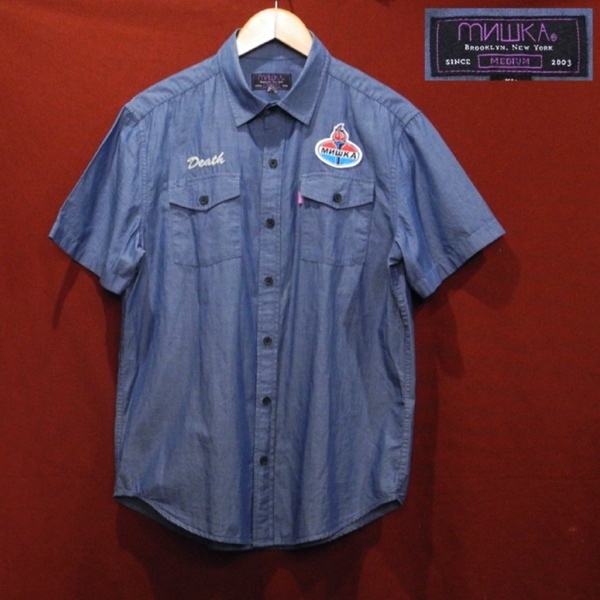 MISHKA ミシカ DEATH 刺繍 ワッペン ロゴ デザイン ワークシャツ 半袖シャツ 紺 M 美品拍卖