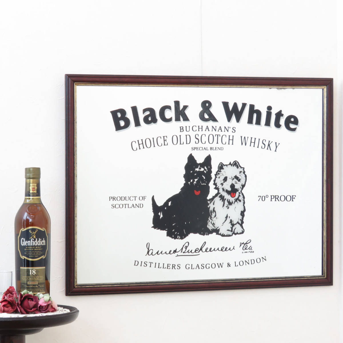 ビンテージパブミラー/ブラック & ホワイト (Black & White) スコットランドのウィスキー/壁掛け鏡/店舗什器/インテリア雑貨/装飾/A-4364-9拍卖