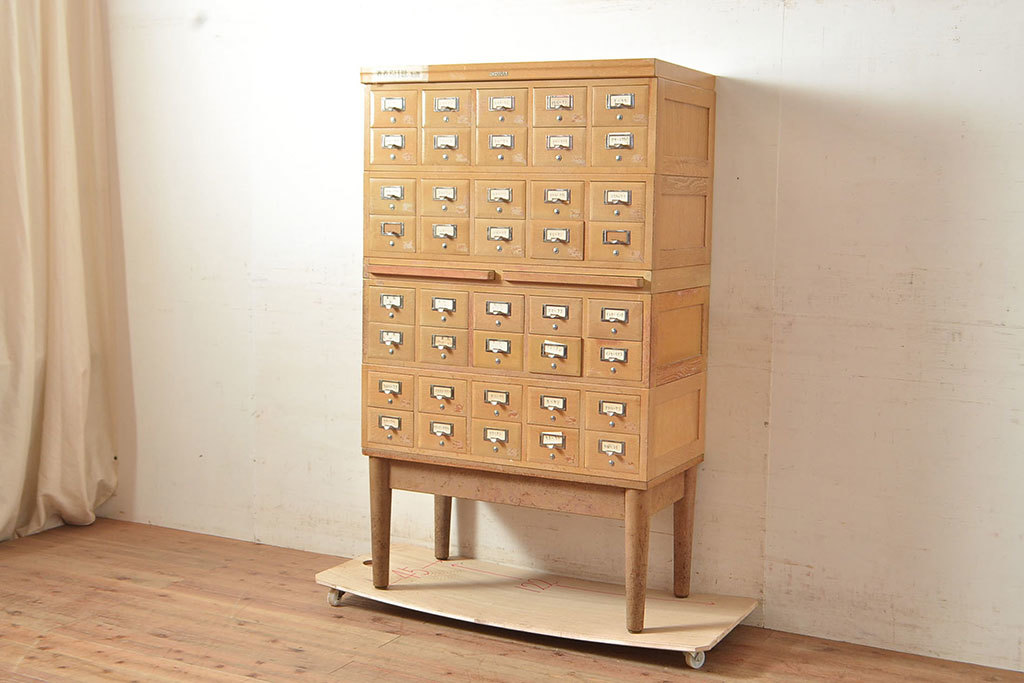 R-049499 レトロ家具 昭和レトロ KIHARA レトロな小物収納におすすめのナラ材製ネームプレート付きカードケース(引き出し、チェスト)拍卖