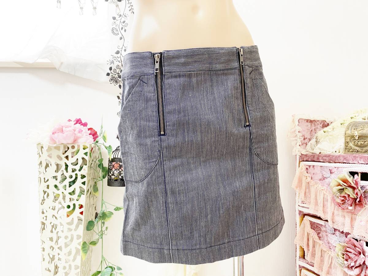 レディス2/Mサイズ:アンタイトル【UNTITLED】日本製◆台形*スカート:紺/白線ストライプ拍卖