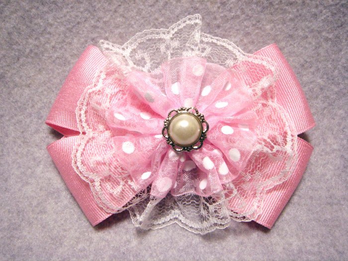 特)ビッグ・オーガンジーレース付グログラン・フリルリボンバレッタ ピンクxホワイト 新品・ハンドメイド 拍卖