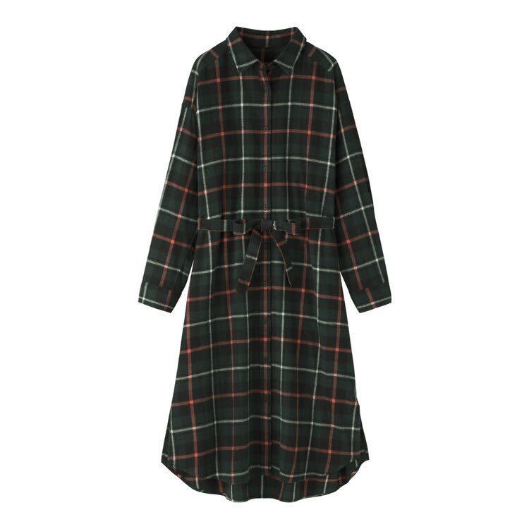 GU/ジーユー ランネルチェックシャツワンピース 長袖 グリーン 緑 S拍卖