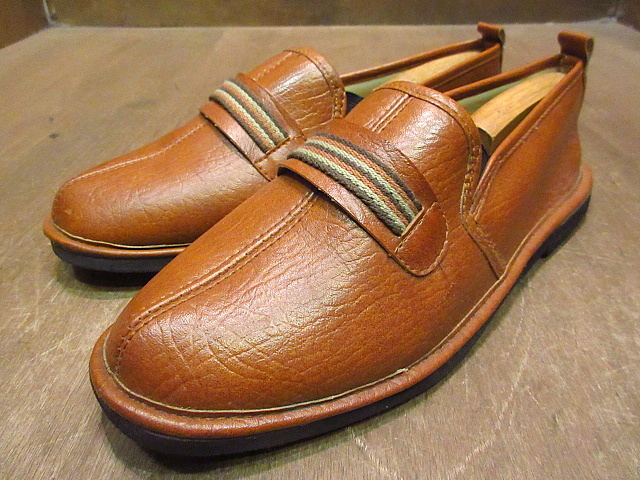 ビンテージ70's●フェイクレザースリッポン茶●200914n4-m-lf-28cm 1970sスリッパローファー室内履き靴拍卖