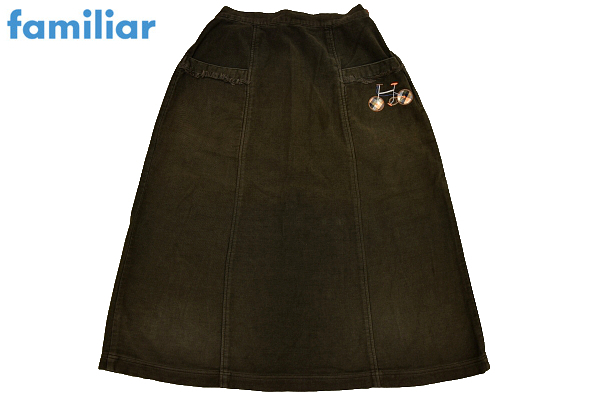 M-1046★Familiar ファミリア★秋冬 起毛 コーデュロイに似た様な素材 カーキ 自転車刺繍 ひざ下 ロング スカート M 60-66cm拍卖