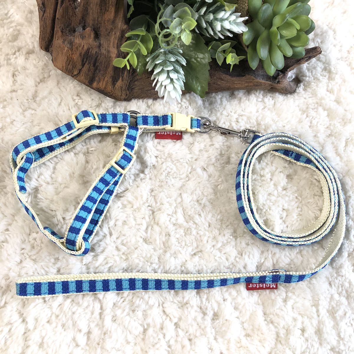 ★同梱お得★胴輪&リード・超小型犬・ボーダー柄-No.62・ブルー♪拍卖
