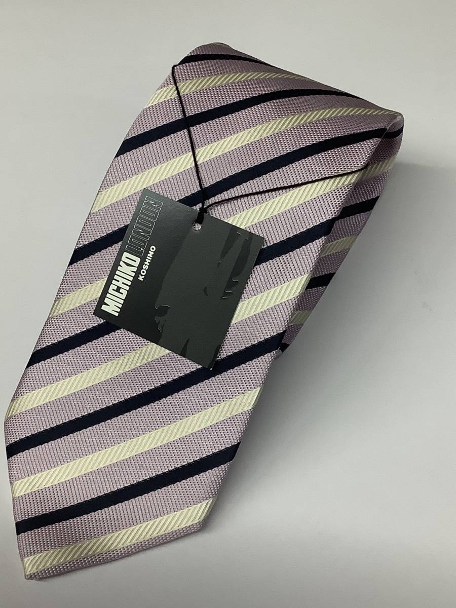 新品ミチコロンドン日本製ネクタイ パープルの可愛いストライプ お買い得サービス シルク100%拍卖