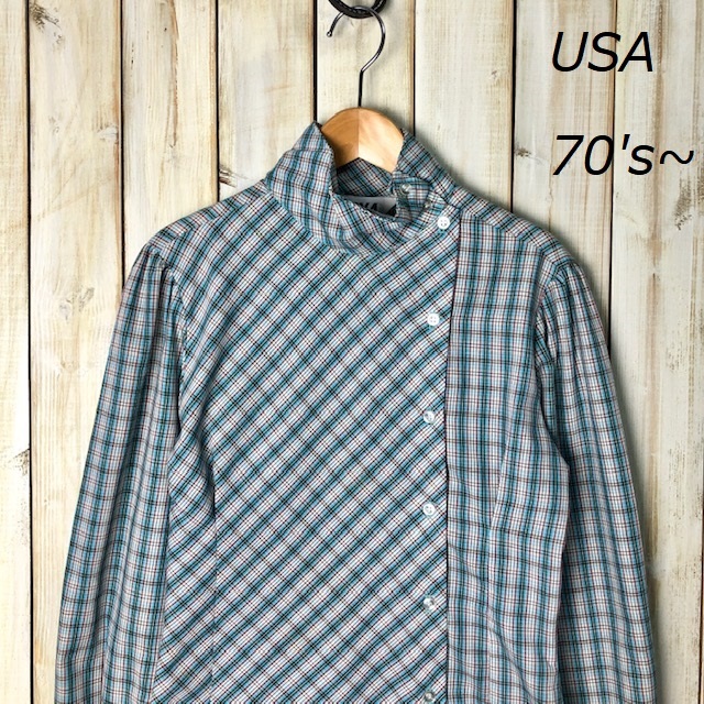 USA古着 70's 変形スタンドカラーチェックブラウス 9 ヴィンテージ オールド アメリカ古着 ●32拍卖