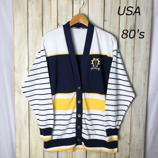 USA古着 80's USA製 ライトスウェットカーディガン ボーダー オールド アメリカ古着 ヴィンテージ ●24拍卖