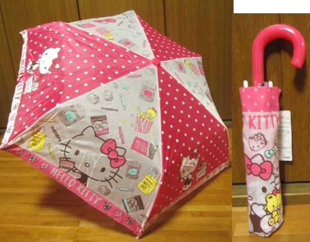 *新品*ハローキティ*持手付3段折りたたみ傘*耐風骨*グラスファイバー*スイーツ*サンリオ*拍卖