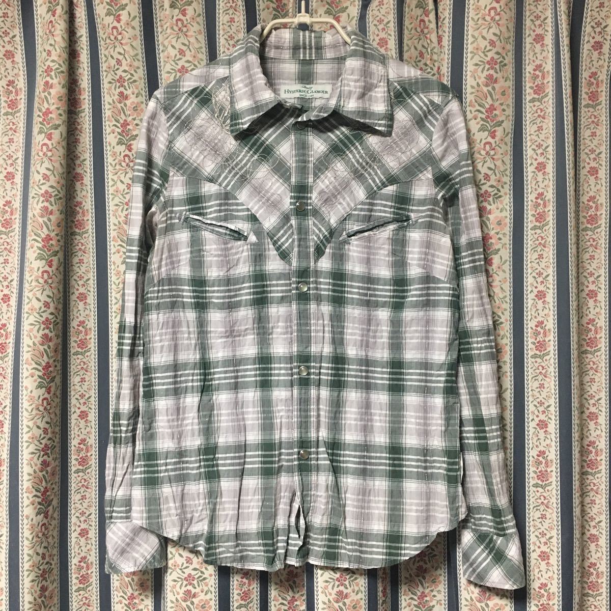 ヒステリックグラマー ラメ刺繍 チェック柄シャツ ウエスタンシャツ長袖 クリンクル拍卖